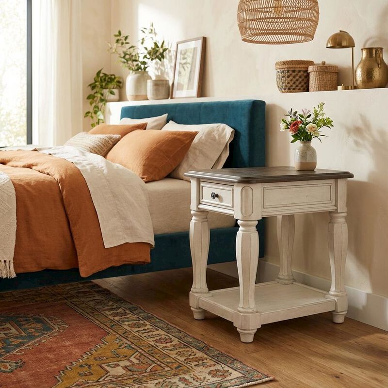 FurniFact White Accent Table with 1 Drawer &ndash; Antique Bedroom Side Table in Cottage Style image number 4