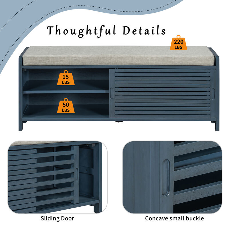 Whisen Distressed Shutter Storage Bench with Acacia Veneer for Living Room, Entryway - Gray