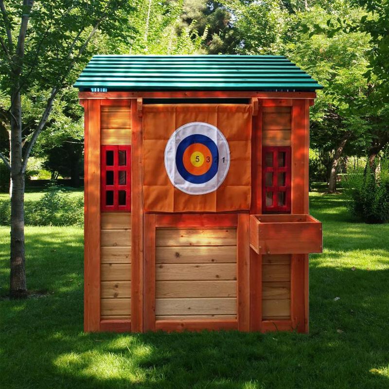 Eco-friendly Outdoor Wooden 4-in-1 Game House for kids garden playhouse with different games on every surface, Solid wood,61.4" Lx45.98"Wx64.17H