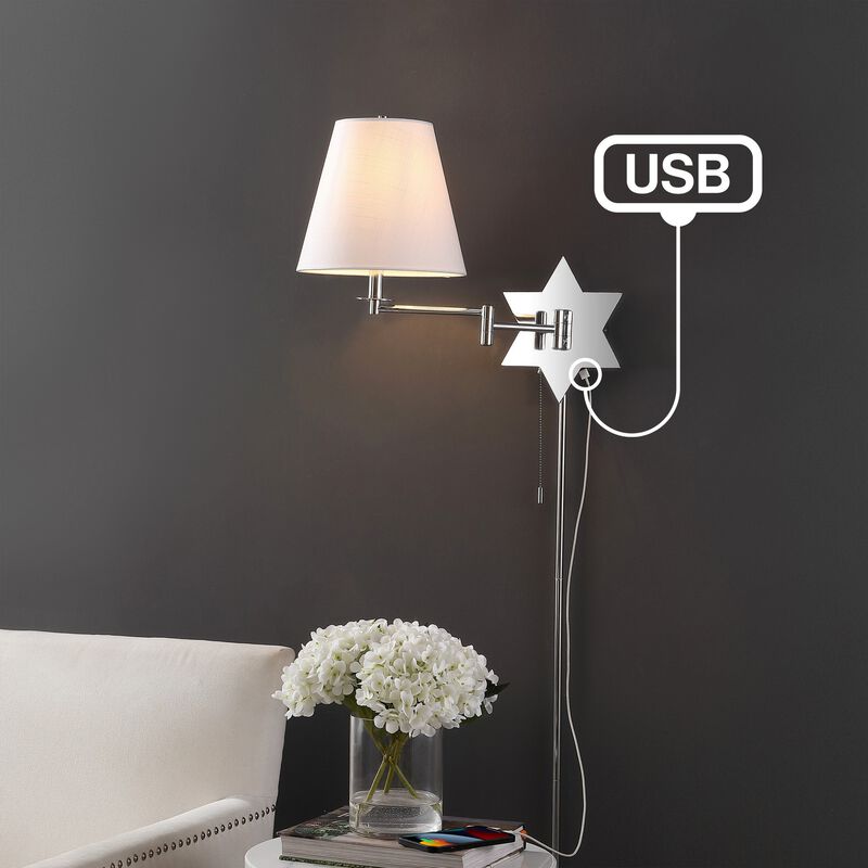 David Modern French Country Swing Arm Plug-In or Hardwired Iron LED Star Wall Sconce with Pull-Chain and USB Charging Port