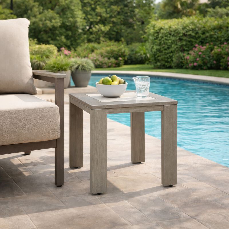 Isle Outdoor Square End Table, Woodlike Grayish Brown Metal, 22 Inch image number 6