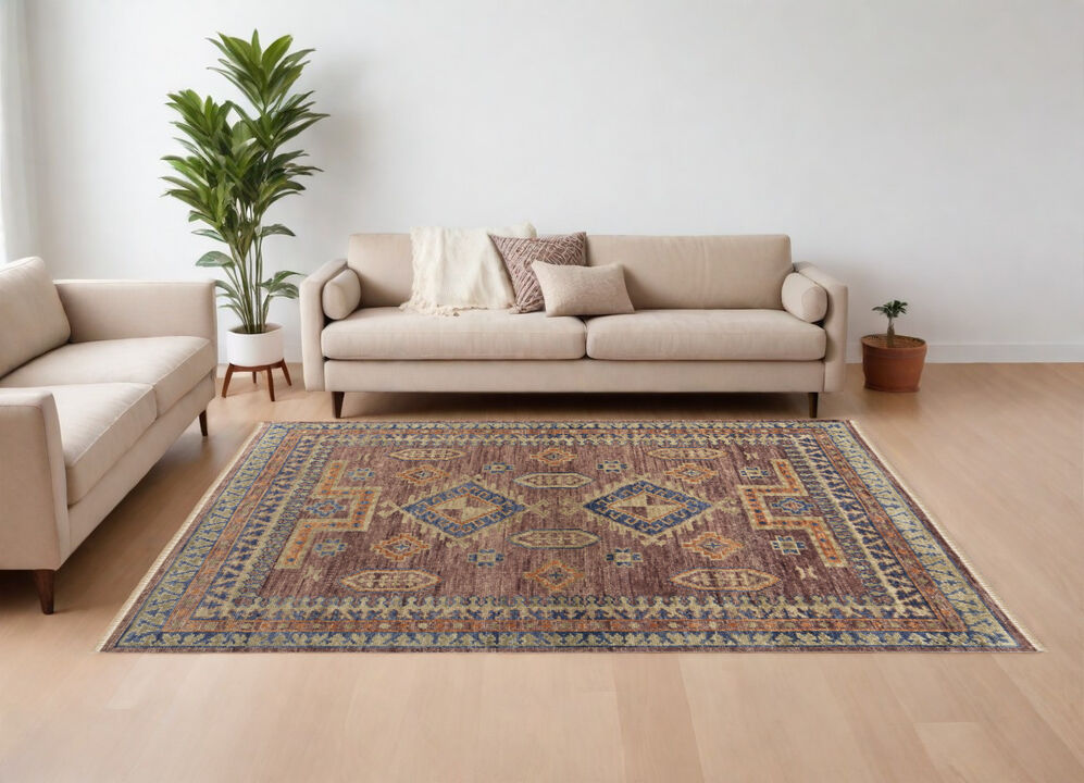 HomeRoots Wool Geometric Hand Knotted Area Rug With Fringe