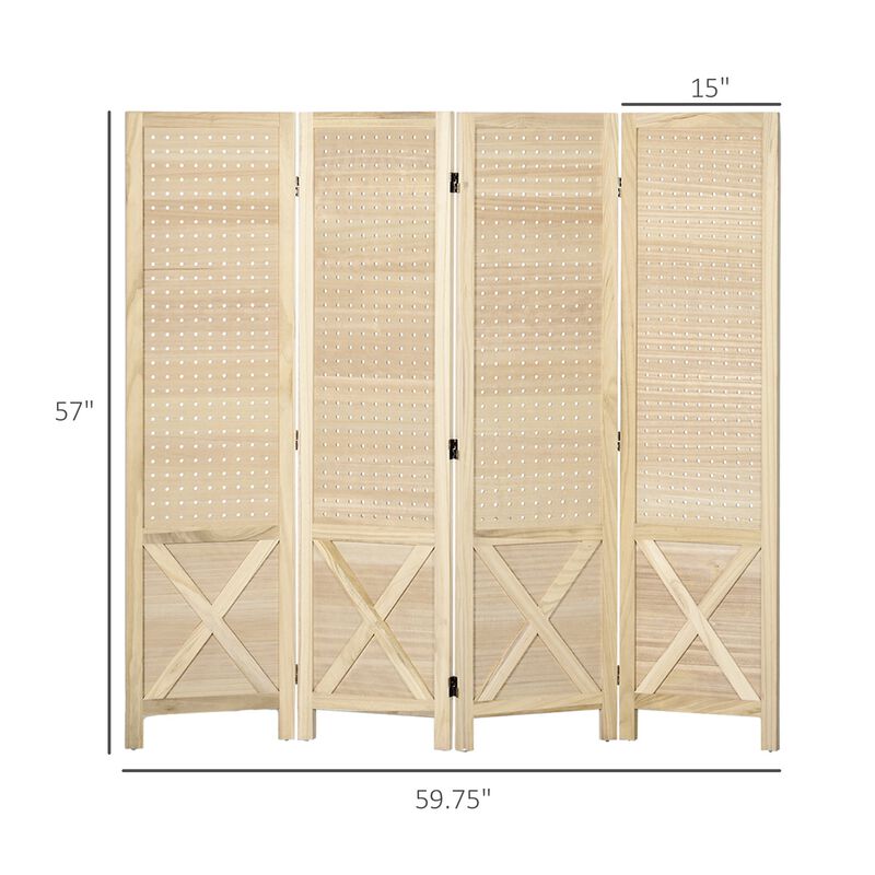 4 Panel Pegboard Display Room Divider, 4.7' Tall Wood Indoor Portable Folding Privacy Screen, Partition Wall Divider for Home Office, Natural