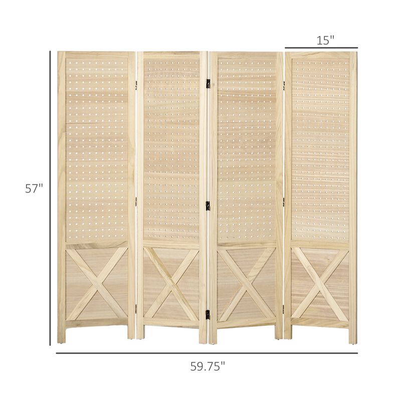 Natural Wood Folding Screen: 4 Panel, Pegboard, 4.7' Tall