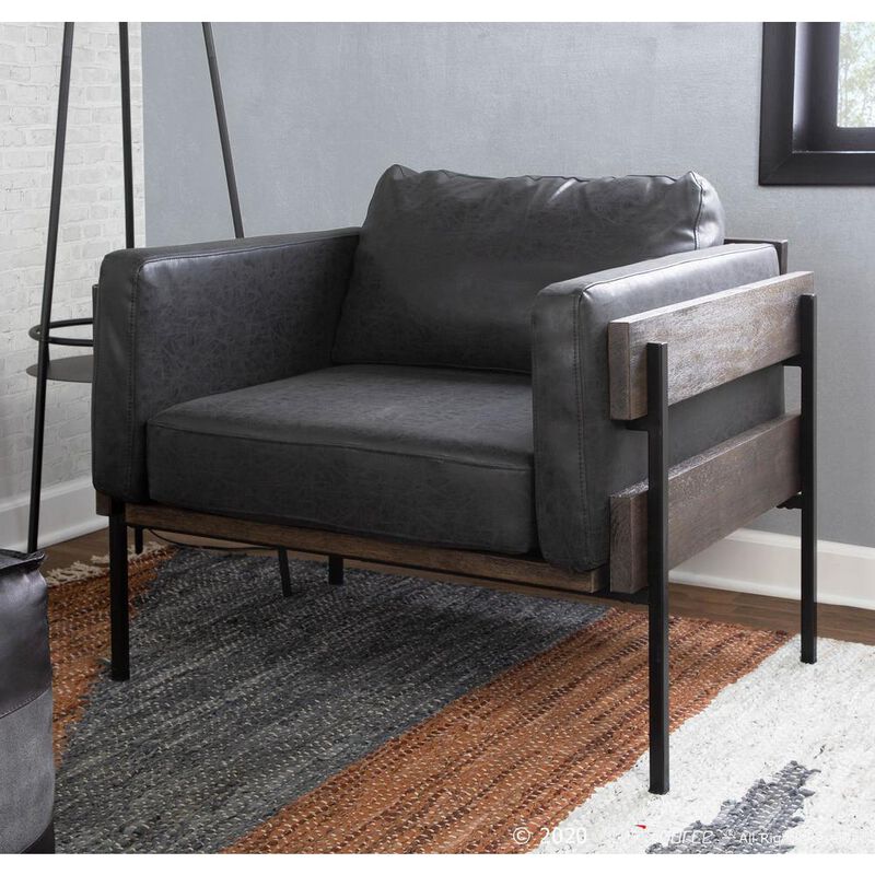 LumiSource Black Metal, Grey Wood, Black PU Kari Accent Chair