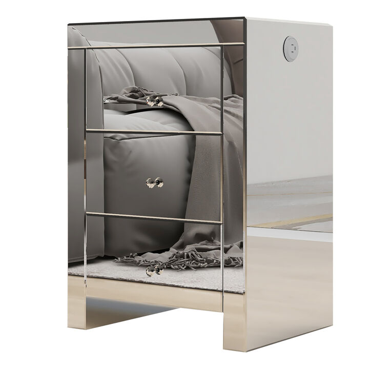 Silver glass nightstand for living room, bedside table with wireless charging and charging ports
