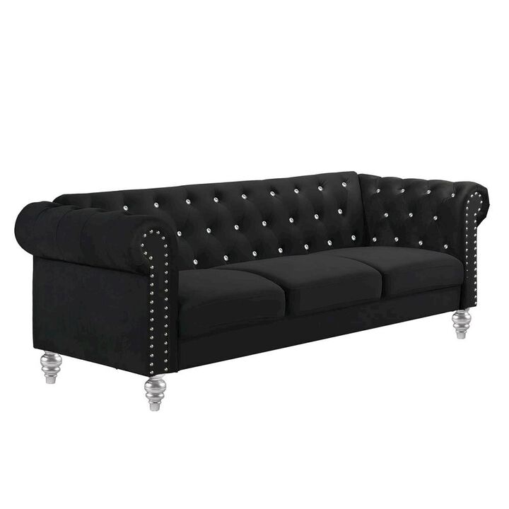 Black Velvet Sofa with Rolled Arms &ndash; Elegant Velvet Couch for Living Room