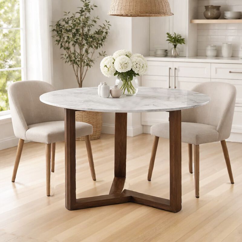 Fina 48 Inch Round Dining Table, White Genuine Marble Top, Natural Brown Mango Wood 3 Leg Sled Base image number 3
