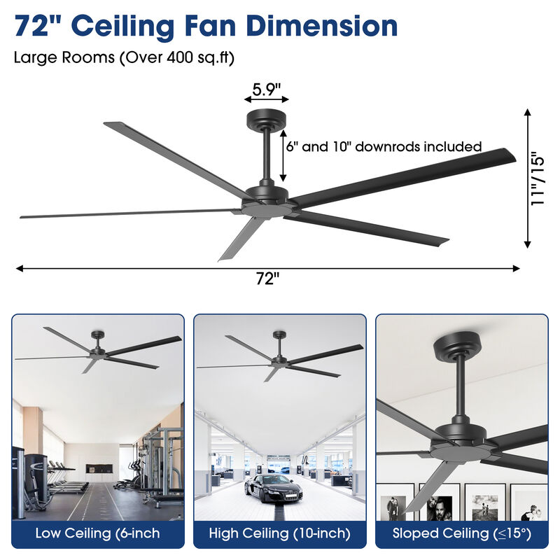 72 in. Matte Black Aluminum Ceiling Fan with Remote without Light