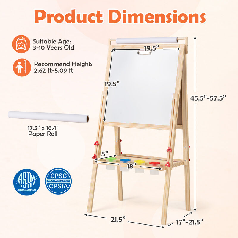 Kids Adjustable Double-Sided Easel with 4 Paint Cups and Art Supplies Storage image number 2