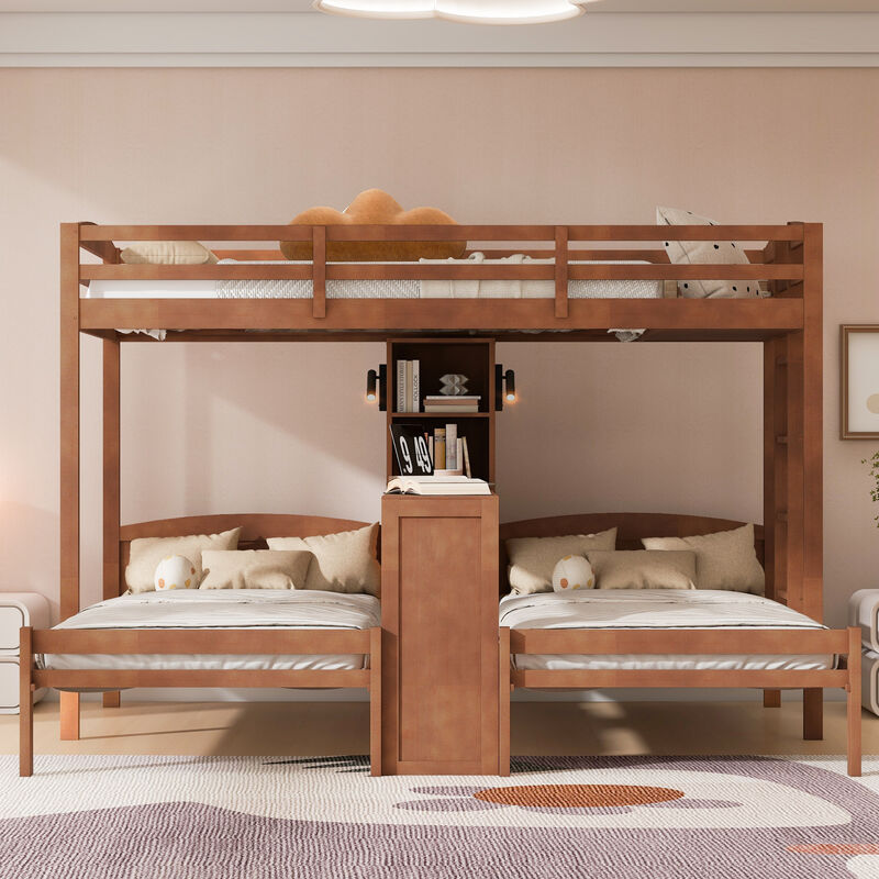 Merax Twin over Twin&Twin Bunk Bed with Built-in Desk and Storage Shelves image number 3