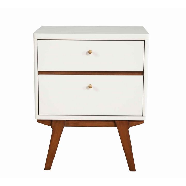 2 Drawer Wooden Nightstand with Angled Legs, White and Brown-Benzara