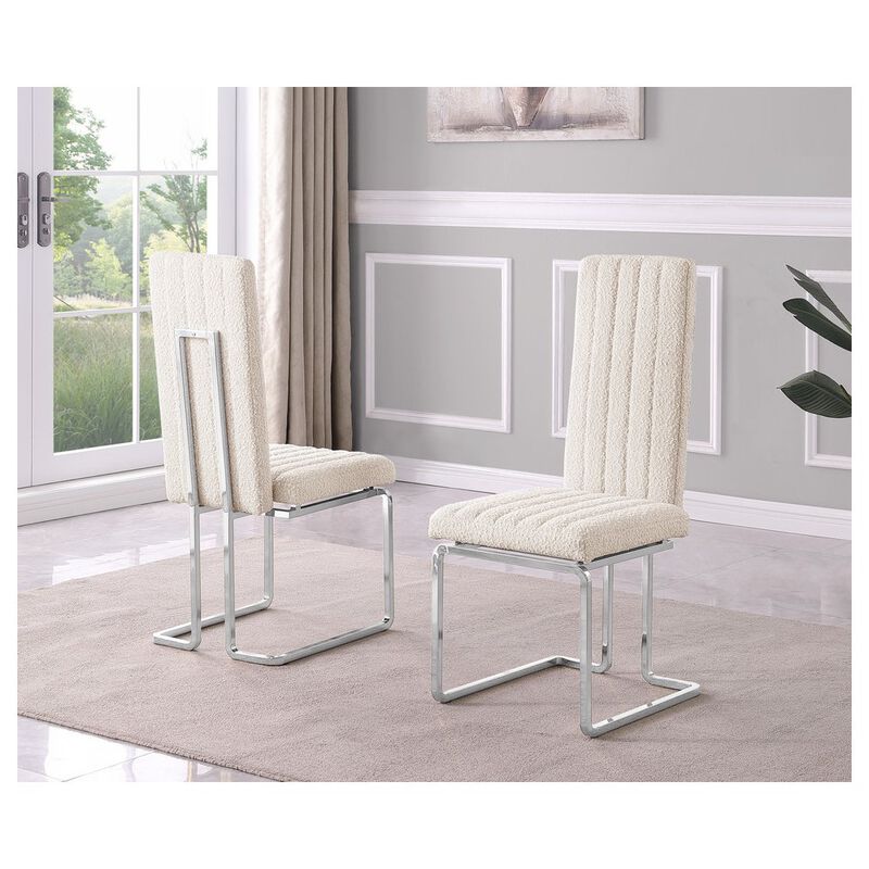 Cream Boucle Fabric Silver Chrome Base Tall Back Rest Dining Chairs (Set Of 2)