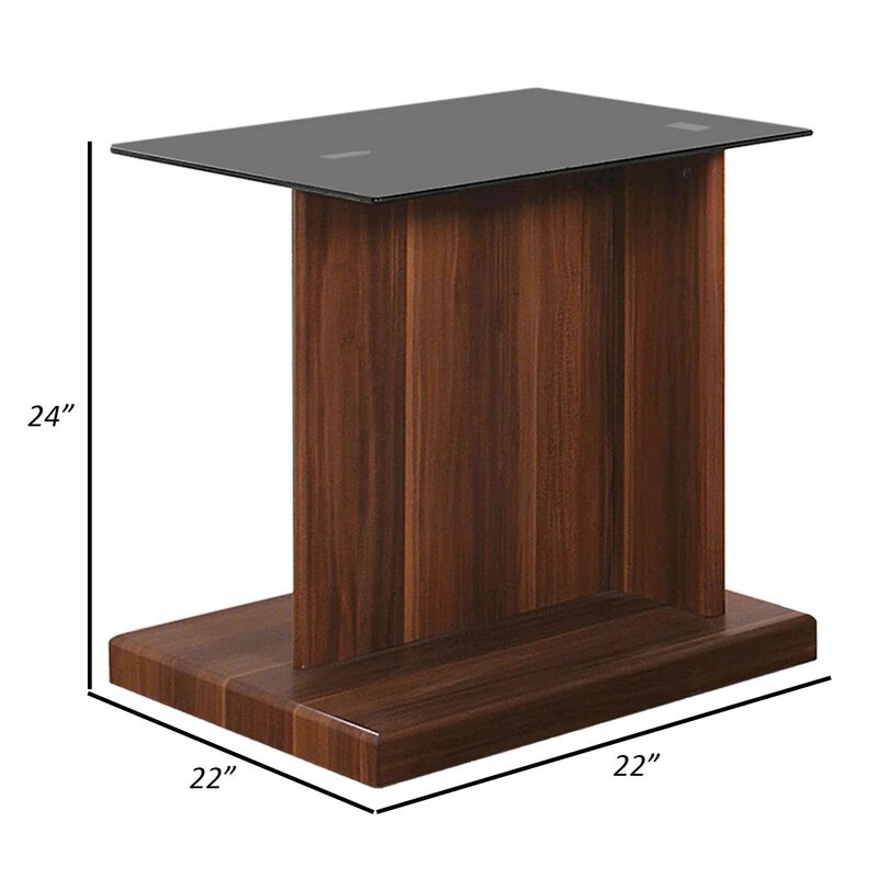 Liam 22 Inch Square Side End Table, Brown Wood, Pedestal Base, Glass Top