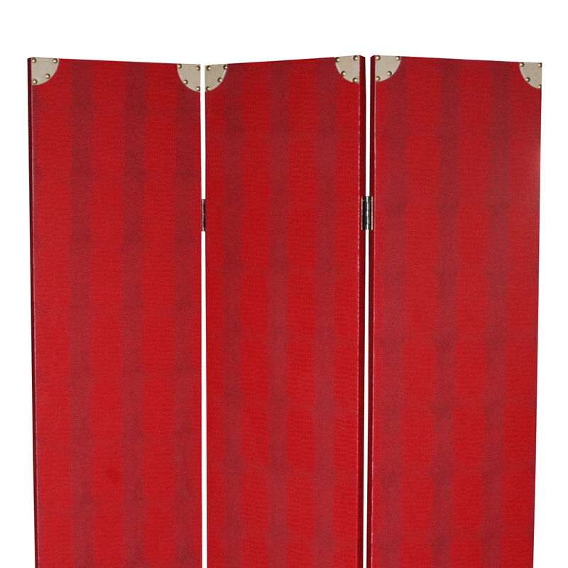 Transitional 3 Panel Wooden Screen with Nailhead Trim, Red - Benzara image number 2