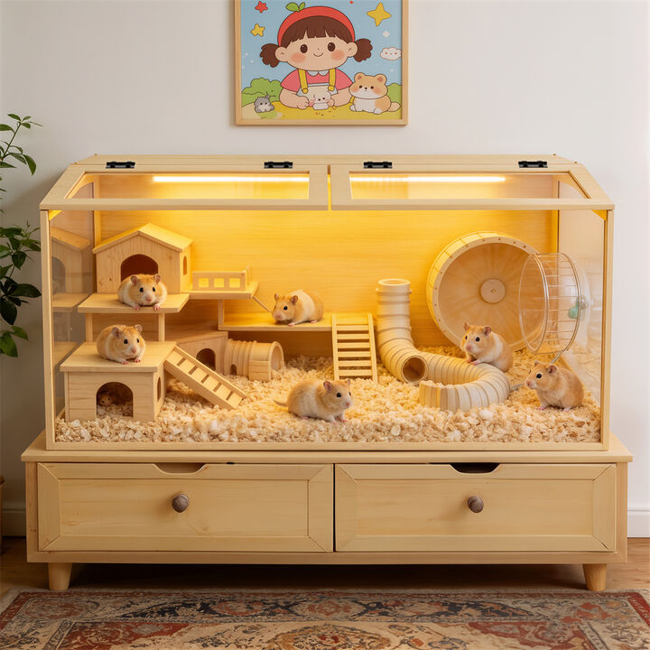 Wooden Hamster Cage Habitat with Storage Shelf Tempered Glass Panels, LED Light