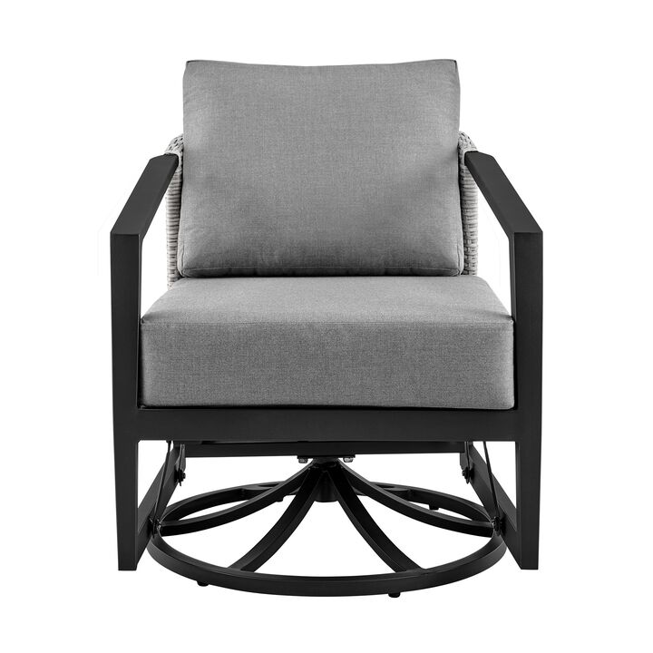 Nyla 28 Inch Patio Swivel Lounge Chair, Wicker Back, Black Aluminum Frame-Benzara