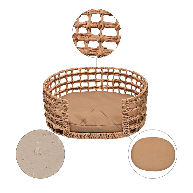 Gigi Modern Bohemian Handwoven Hyacinth Open-Weave Oval Pet Bed with Machine-Washable Cushion