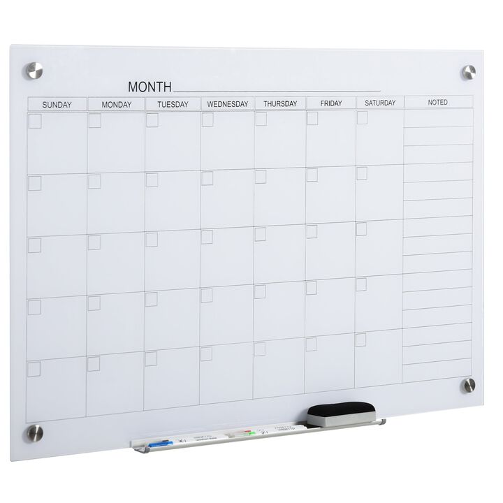 Dry Erase Wall Calendar Glass Whiteboard Monthly Planner for Homeschool Supplies & Home Office Organization with 4 Markers, Frameless