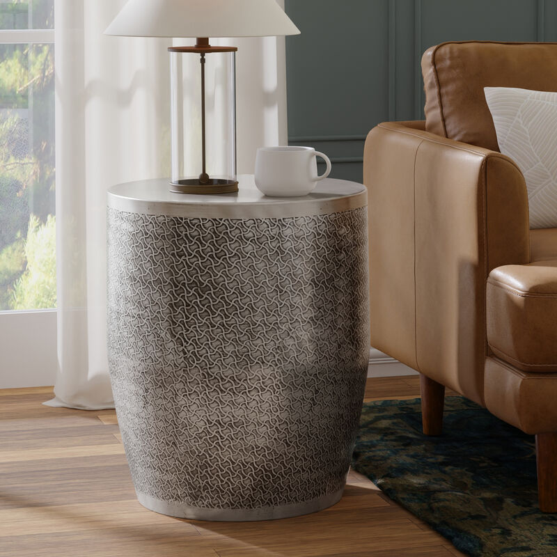 Johnsen 18 inch Wide Boho Web Pattern Metal Accent Table in Antique Silver Iron image number 3