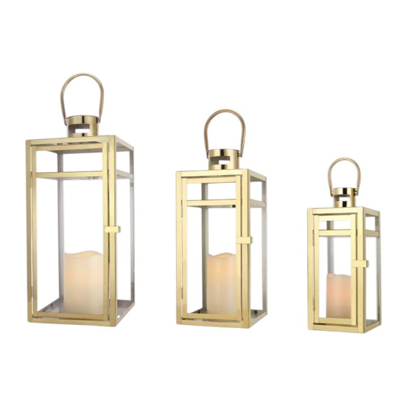 HomeRoots Set of Three Clear And Gold Glass And Stainless Steel Tabletop Lantern Candle Holders image number 0