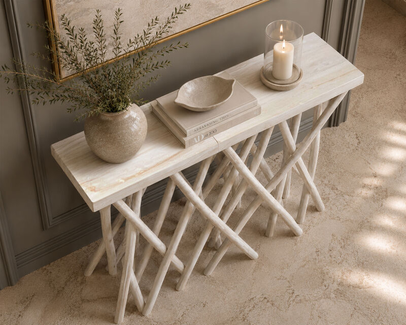 Kyra 47 Inch Sofa Console Table, Solid Teakwood Branch Legs, Whitewash Finish image number 8