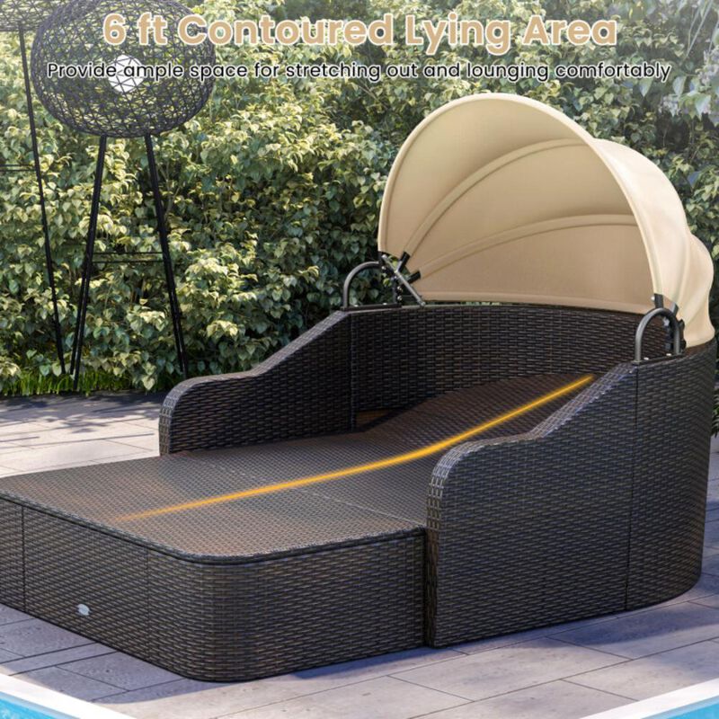 Hivvago Patio PE Rattan Daybed with Retractable Canopy and Soft Cushions