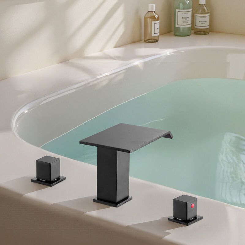 Waterfall Roman Bathtub Faucet Set 3 Hole with Dual Handles Deck Mount-Matte Black image number 1