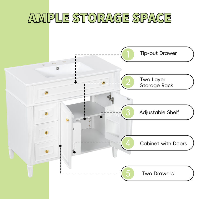 Merax Freestanding Bathroom Storage Vanity with Gold-Tone Handles, 2 Drawers & Cabinet image number 4