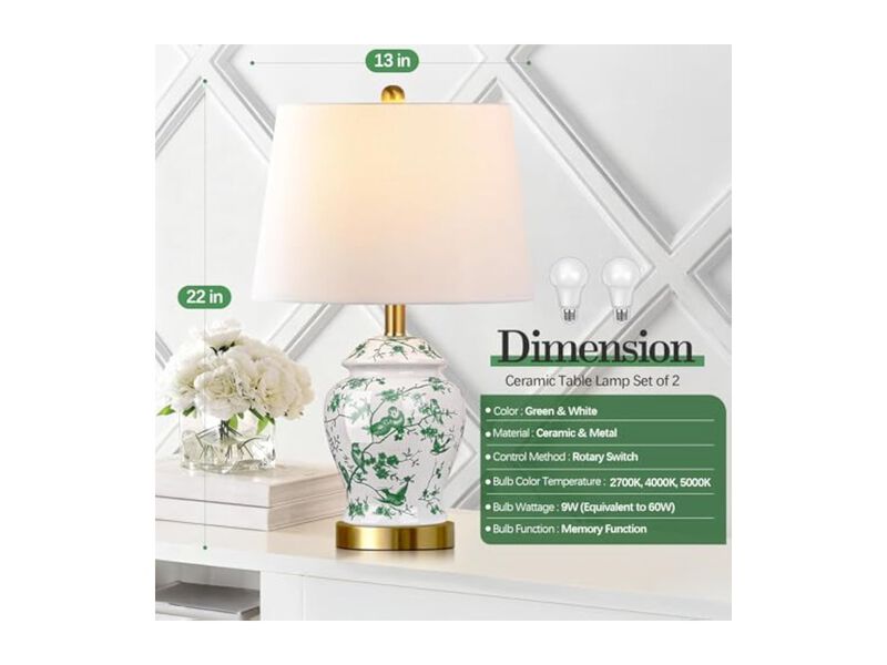 LED Vintage Traditional Ceramic Table Lamps Set Of 2 For Living Room Bedroom image number 2