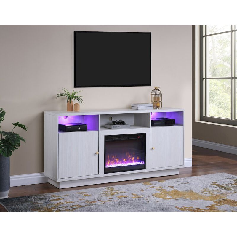 70"W White Walnut Finish Fireplace Console TV Stand with LED Light, Cabinets