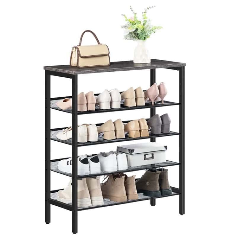Shoe Storage Rack 5 Tier with Adjustable Shelves for 16 Pair Capacity-Brown image number 3