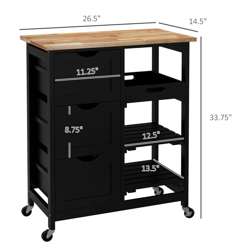 Black Kitchen Island: Wood Top, Shelves, Drawers, Wheeled