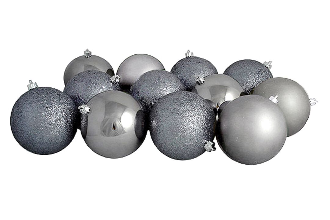 12ct Gray Shatterproof 4-Finish Christmas Ball Ornaments 4" (100mm)