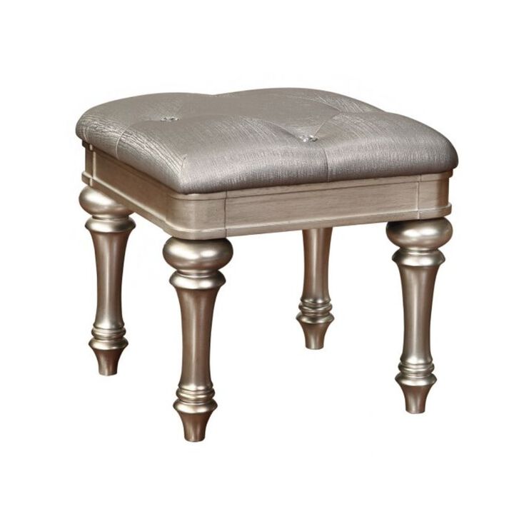 Wooden Vanity Stool with Turned Legs and Leatherette Upholstered Seat, Silver-Benzara