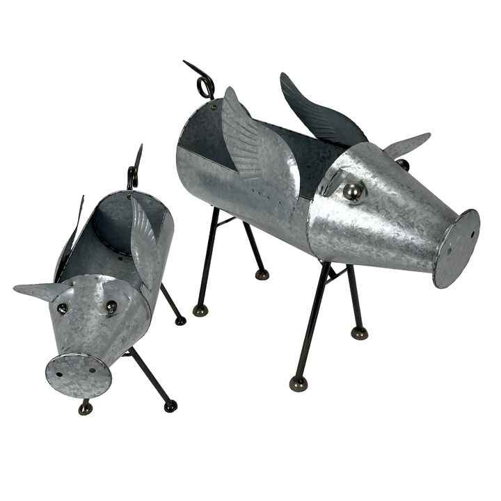 Set of 2 Flying Pig Planters - Distressed Metal - Whimsical Farmhouse Decor