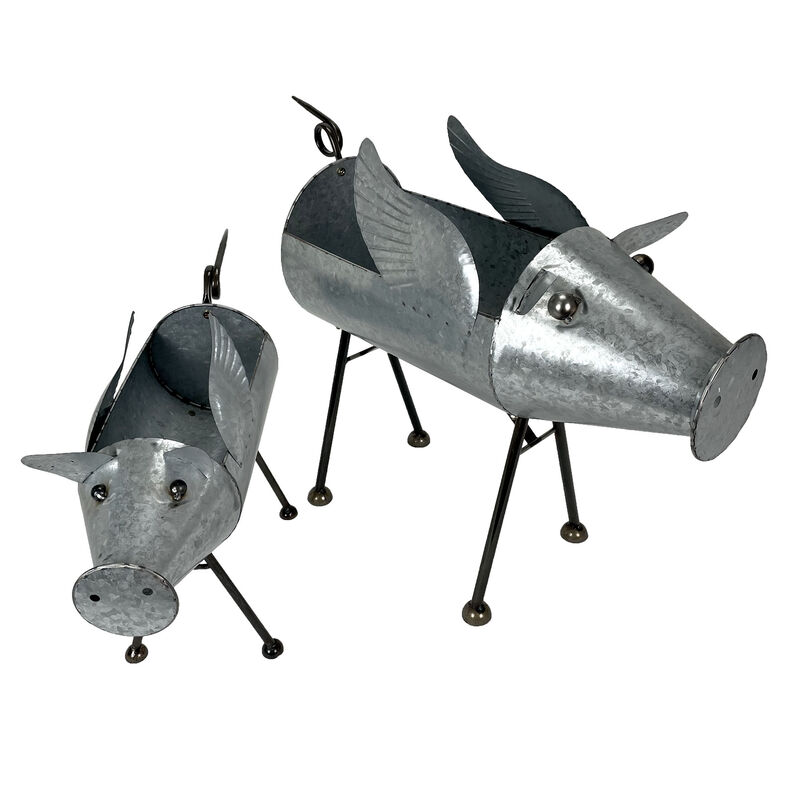 Set of 2 Flying Pig Planters - Distressed Metal - Whimsical Farmhouse Decor image number 1