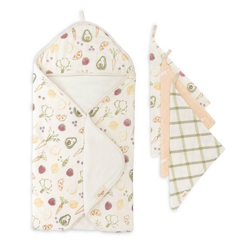 Clementine Fruits & Veggies Hooded Baby Bath Towel & Washcloth Set image number 0