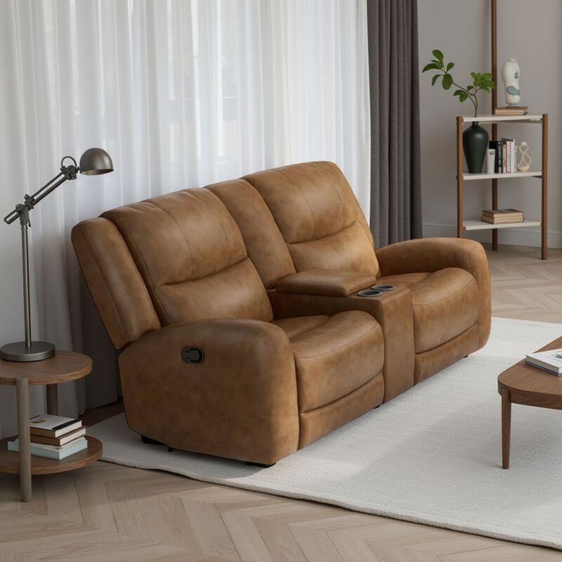 Leos Loveseat, Manual Reclining, Center Console, 79 Inch, Brown Leather - Benzara - Benzara