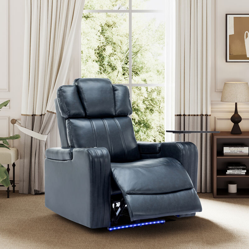 Whisen PU Leather Power Recliner with Cup Holder, Bluetooth Speaker, LED Lights, USB Ports, Tray Table and Arm Storage