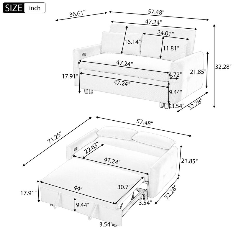 Clihome Multi-Angle Reclining Soft Corduroy Sofa Bed,3-Position Adjustable Backrest with USB Ports image number 6