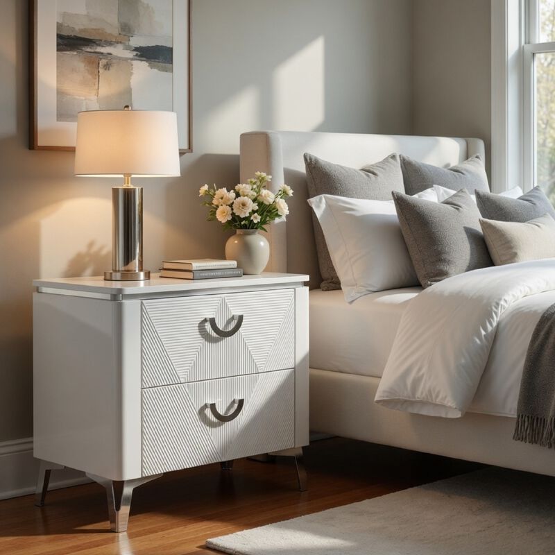 Ivana Nightstand with 2 Drawers, White Geometric Texture Wood 25 Inch image number 1