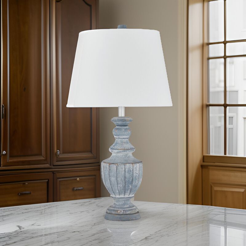 Rick 32 Inch Table Lamp, White Empire Fabric Shade, Turned Blue Terracotta - Benzara