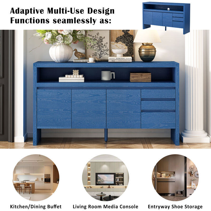 TATEUS 60" Modern Veneer 3-Door Sideboard with 3 Drawers & Semi-Open Shelf