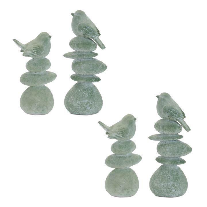 Set of 4 Bird on Rock Stack Figurines for Garden or Patio Decor