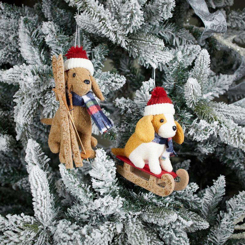 Plush Ski and Sled Dog Ornaments, Set of 6 for Festive Christmas Tree Decor
