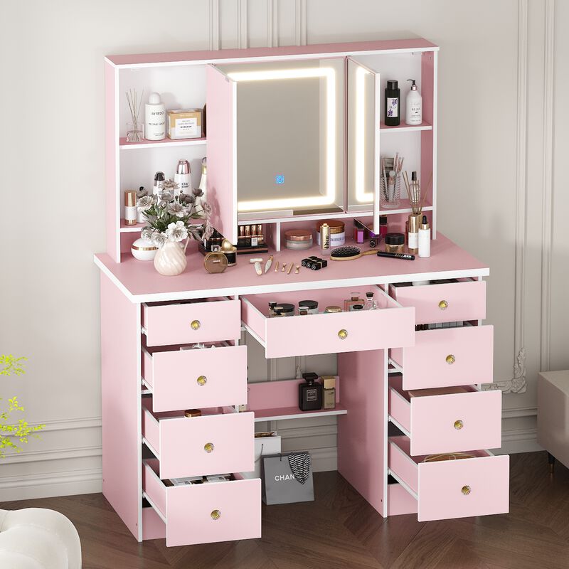 FUFU&GAGA 43.3" Pink Makeup Vanity with LED Mirror, 9 Drawers and Adjustable Storage (43.3" W x 53.9" H x 19.7" D),Pink