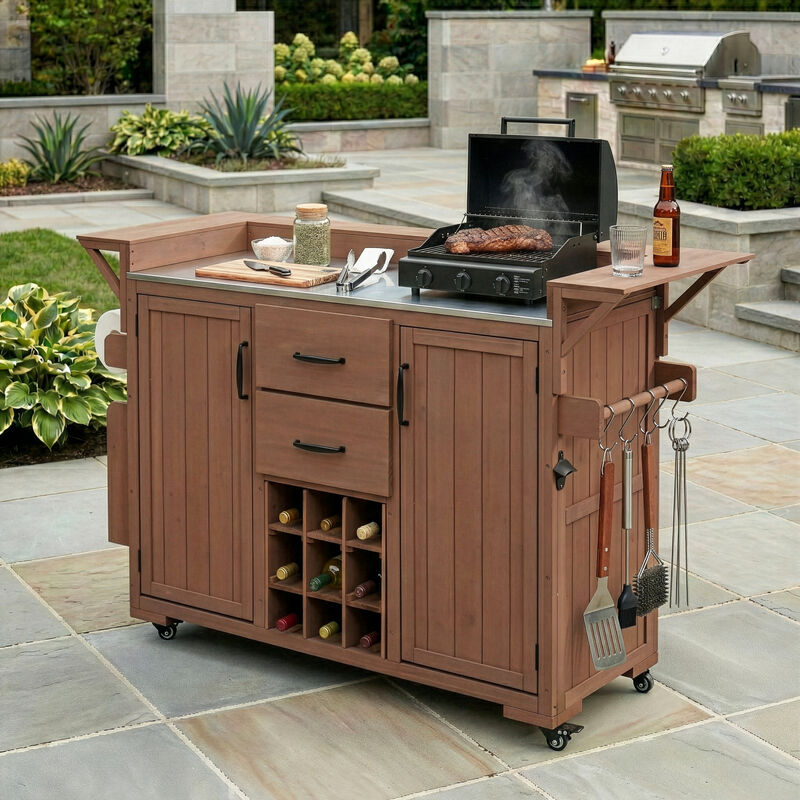Merax Outdoor Kitchen Island with Wheels, Rolling Patio BBQ Kitchen Cart with Stainless Steel Top image number 2