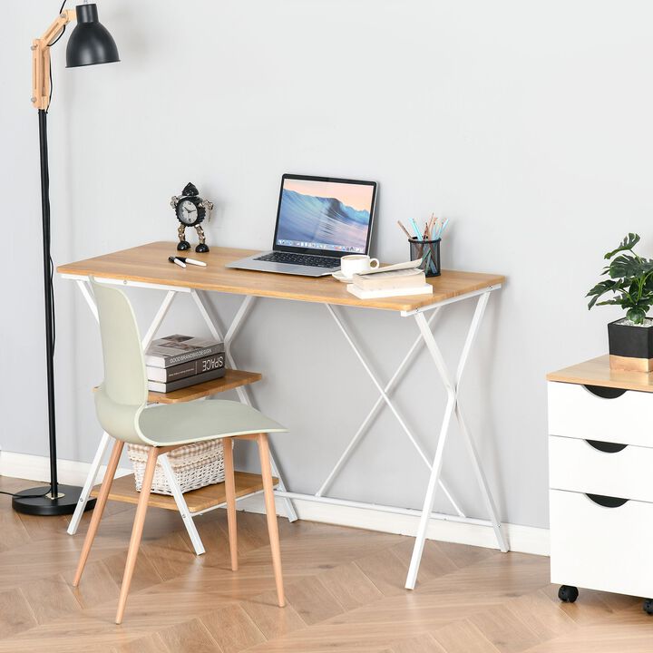 Natural Wood Study Station: Corner Desk with 2-Tier Storage Shelves