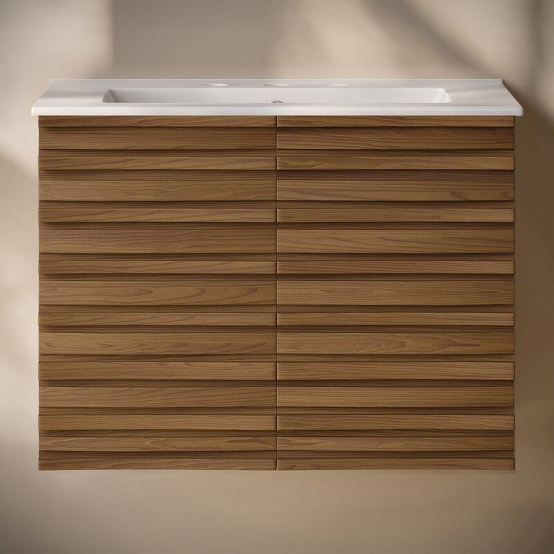 30" Wall-Mounted Bathroom Vanity in Brown Oak with 3-Hole Widespread Sink Top image number 4